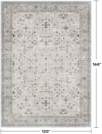 Large Light Gray & Sage 10x14 Living Room Rug - Vintage Floral Area Rug for Dining Room, Washable Low Pile Bedroom Carpet, Modern Eclectic Geometric Decor & Stain Resistance - Image 2