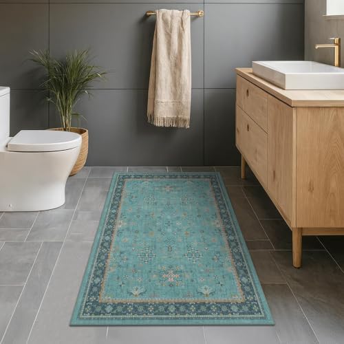 3x4 Teal Rugs for Entryway Indoor - Washable Non Skid Area Rug for Large Kitchen, Bedside, Bathroom, Mudroom, Boho Geometric Floral Design, Non Slip Low Pile Fade Resistant - Image 3