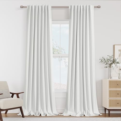 Guken 100% Blackout White Linen Curtains 86 Inch Long for Bedroom 2 Panels by Guken