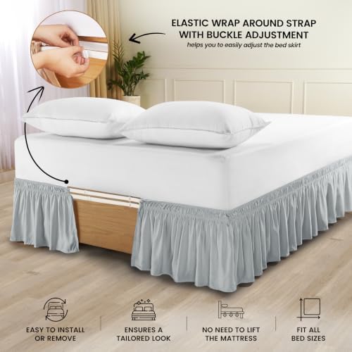 Wrap Around Queen Bed Skirt, Easy Fit Elastic Belt, 16Inch Drop, Light Grey - Image 3