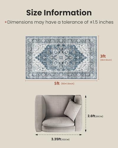 Amada 3x5 Washable Area Rug for Bedroom, Blue, Vintage Pattern - Image 2