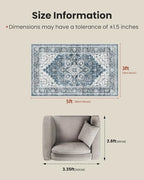 Amada 3x5 Washable Area Rug for Bedroom, Blue, Vintage Pattern - Image 2