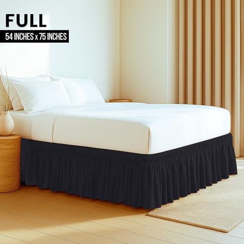 Wrap Around Full Bed Skirt, Easy Fit Elastic Belt, 16 Inch Drop, Black - Image 2