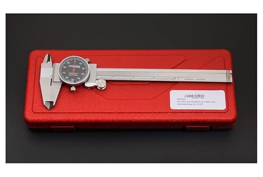 Accusize Industrial Tools 0-6" x 0.001" (Range x Resolution) Dial Caliper, Black Face Red Needle, Stainless Steel in Fitted Box, P920-B216