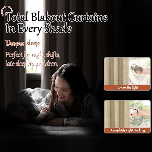 Short Blackout Curtains 45 Inch Length 2 Panels, Thermal Insulated Total Light Blocking Linen Window Curtains for Farmhouse Bedroom Basement, Bronze Grommet, Burlap, Each 52" Wide