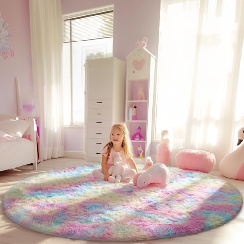 Ophanie Soft Fluffy Shaggy Rugs for Bedroom Living Room Dorm Nursery Home Decor Aesthetic,Color Rainbow, Size 6' Round by Ophanie