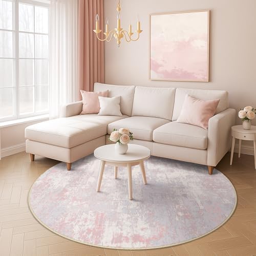 RELEANY Washable Round 8ft Area Rug for Living Room Gray Pink - Image 2