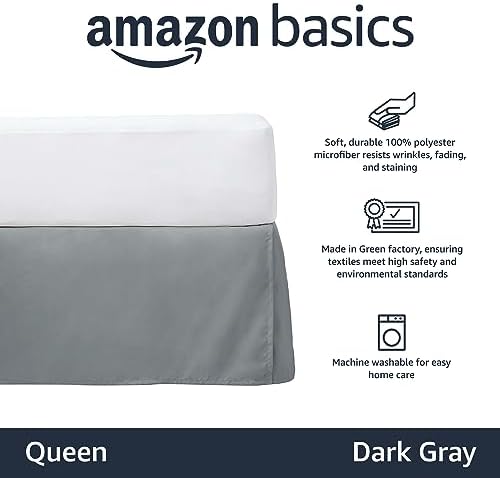 Amazon Basics Lightweight Pleated Bed Skirt, Machine Washable, Wrinkle and Fade Resistant, Queen, Dark Grey - Image 2