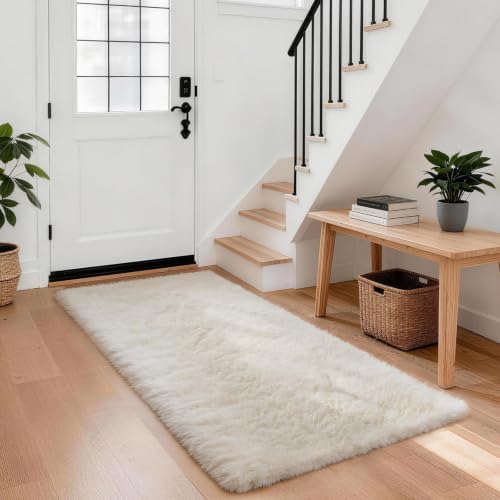 Ophanie Runner Rug for Hallway, 3x6 Washable Non-Slip Fluffy Soft Bedside Rugs, Bedroom Living Room Shaggy Carpet for Kids Girls Boys Dorm Nursery Decor Aesthetic, Ivory with Over 99 pcs Pile fibers by Ophanie