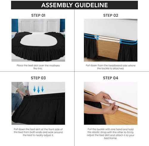 Wrap Around Queen Bed Skirt, Easy Fit Elastic Belt, 16 Inch Drop, Black - Image 5
