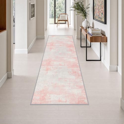 2.6x8 Washable Runner Rug：Modern Abstract Soft Carpet Pink White by FXRHLP