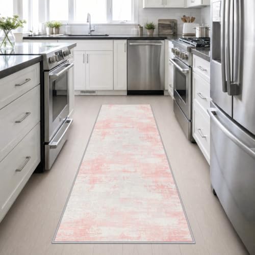 2.6x10 Washable Runner Rug:Modern Abstract Soft Carpet Pink White - Image 4