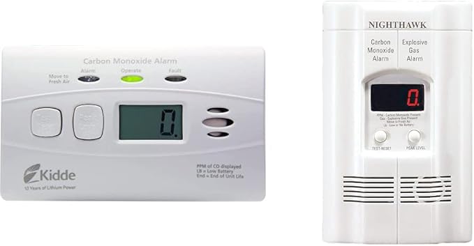 Kidde Carbon Monoxide Detector with 10-Year Battery, Digital Display, 3 LEDs & Nighthawk Carbon Monoxide Detector & Explosive Gas Detector, AC-Plug-in with Battery Backup, Digital Display, White
