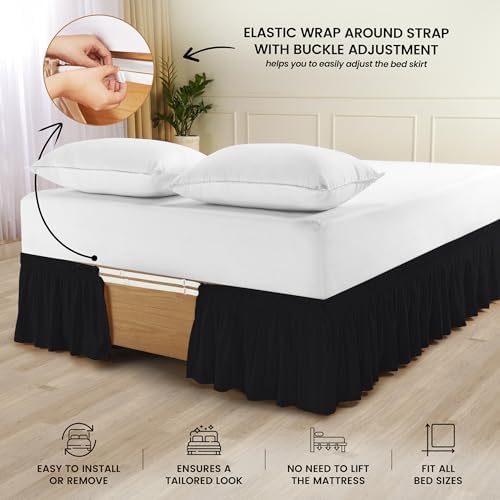 Wrap Around Full Bed Skirt, Easy Fit Elastic Belt, 16 Inch Drop, Black - Image 3