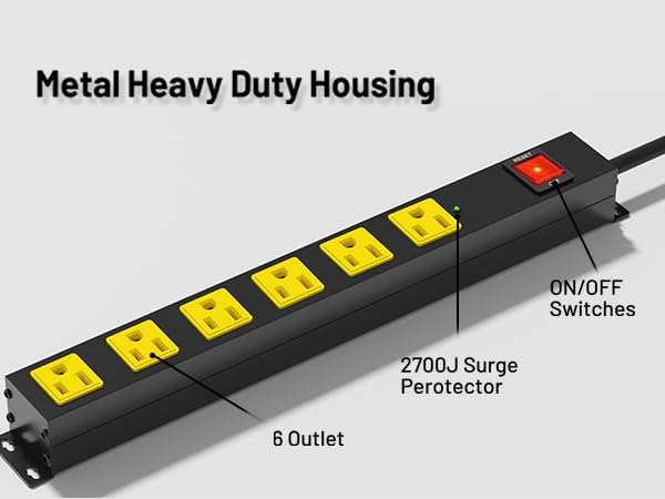 Heavy Duty 6 Outlet Metal Long Power Strip, 2700J Surge Protector with 15A Circuit Breaker, 10FT Extension Cord, Wall Mount for Garage, Workshop & Industrial Use, Wide Spaced (10ft)