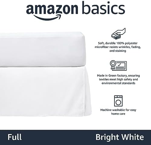 Amazon Basics Lightweight Pleated Dust Ruffle Bed Skirt, Full, Bright White, Wrinkle and Fade Resistant, Machine Washable, Polyester - Image 2