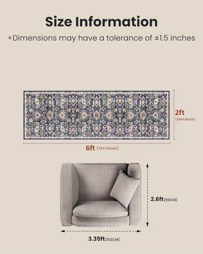 Amada 2x6 Washable Runner Rug for Kitchen and Entryway, Blue/Brown, Vintage - Image 2