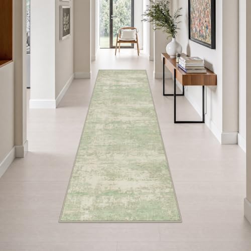 2.6x10 Washable Runner Rug:Modern Abstract Soft Carpet Green Cream by FXRHLP