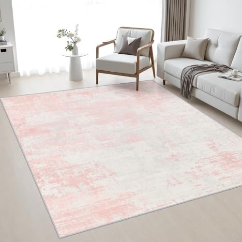 Area Rug Living Room: 5x5 Modern Washable Soft Carpet Pink White by FXRHLP