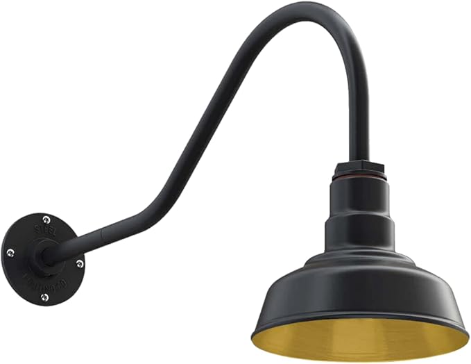 Steel Lighting Co. Hawthorne Barn Light | Outdoor Wall Mounted | 8 inch Dome | 23 inch Gooseneck| Small Farmhouse Light Made in America | Matte Black Exterior/Brass Interior