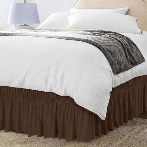 Wrap Around Queen Bed Skirt, Easy Fit Elastic Belt, 16 Inch Drop, Brown - Image 2