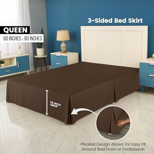 Queen Size Pleated Bed Skirt, Hides Under-Bed Storage 16 Inch Drop, Brown - Image 2