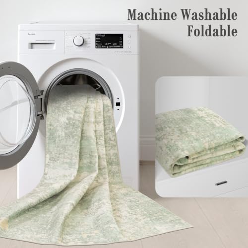 9x12 Area Rug Living Room: Modern Washable Soft Carpet Green Cream - Image 7
