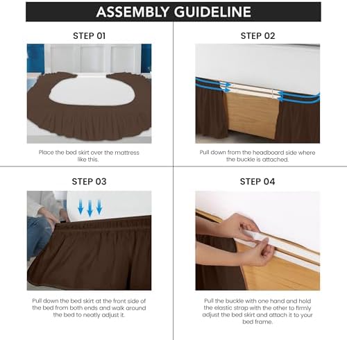 Wrap Around Queen Bed Skirt, Easy Fit Elastic Belt, 16 Inch Drop, Brown - Image 5