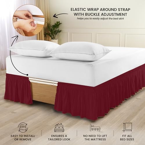 Wrap Around Queen Bed Skirt, Easy Fit Elastic Belt, 16 Inch Drop, Burgundy - Image 3