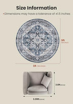 Amada Round 5x5 Washable Area Rug for Living Room, Blue, Vintage Style - Image 2