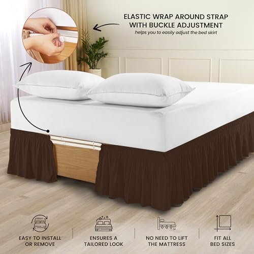 Wrap Around Queen Bed Skirt, Easy Fit Elastic Belt, 16 Inch Drop, Brown - Image 4