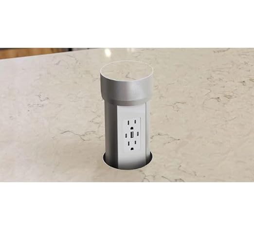 Kitchen Countertop Hidden Power Outlet w/USB, Motorized Pop Up, Custom Top Compatible (Silver, 15 Amp)
