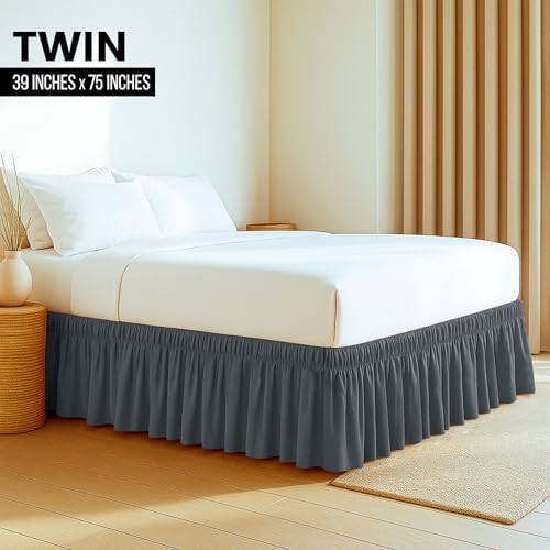 Wrap Around Twin Bed Skirt, Easy Fit Elastic Belt, 16 Inch Drop, Grey - Image 2