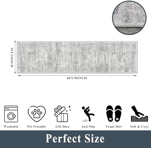 Runner Rug 2x8 Washable Hallway: Non Slip Kitchen Runners with Rubber Backing Vintage Farmhouse Neutral Boho Cream Soft Carpet for Bathroom Bedroom Entryway, Grey/Ivory - Image 2
