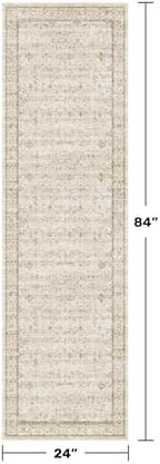 Beige Boho Bathroom Rug 2x7 - Non Slip Washable Floral Runner Rug for Kitchen Floor, Hallway, Farmhouse Entryway Mat with Geometric Pattern, Vintage Low Pile Stain Resistant Carpet - Image 2
