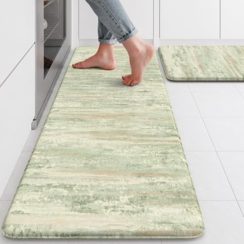 KIMODE Kitchen Mats for Floor, Light Green Aabstract Kitchen Rugs Sets of 2 by StayinComfortCookwithJoy
