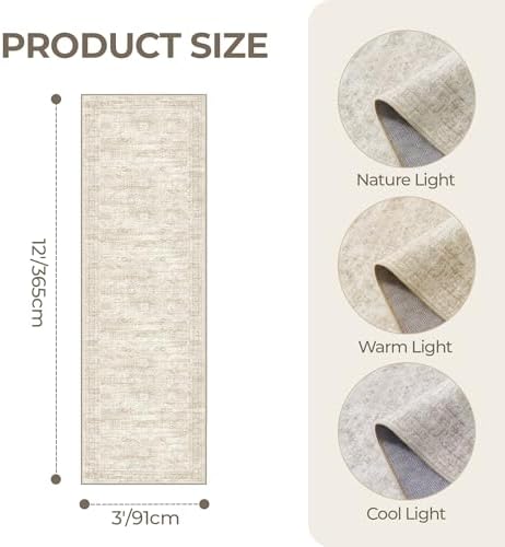 3x12 Runner Rug Non Slip,Washable Hallway Runner Rug,Beige - Image 2