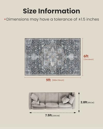 Amada 6x9 Washable Area Rug for Dining Room, Gray/Gold, Vintage Pattern - Image 2