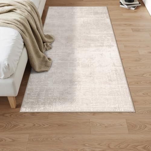 Washable 3x5 Kitchen Area Rug: Non-Slip Abstract Water-Resistant Entryway Doormat Soft Sink Fridge Bedroom Carpet Low Pile Stain-Resistant Bathroom Laundry Neutral Faded Floor Mat(3X5,Beige/Cream) - Image 2