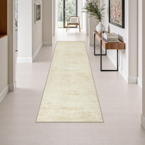 2.6x8 Washable Runner Rug：Modern Abstract Kitchen Soft Carpet Beige by FXRHLP