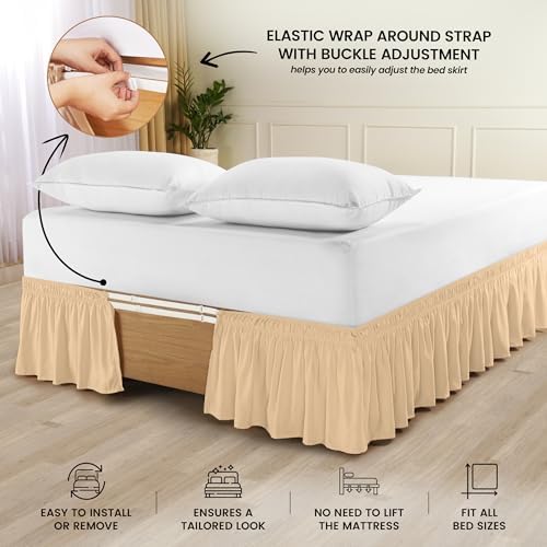 Wrap Around Queen Bed Skirt, Easy Fit Elastic Belt, 16 Inch Drop, Beige - Image 3