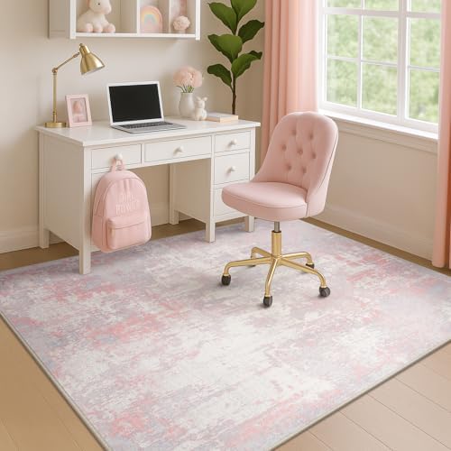 RELEANY Washable 4'x5' Abstract Area Rug for Living Room Gray Pink - Image 3