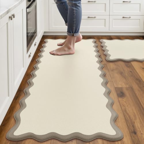 Arenarug Scalloped Kitchen Mats for Floor, Khaki Kitchen Rugs Set of 2 by ArenaRug