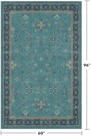 Washable 5x8 Teal Rug for Living Room, Boho Area Rugs for Bedroom Under Bed, Modern Floral Low-Pile Non Skid Carpet for Dining Room Under Table, Stain Resistant Vintage Home Décor - Image 2