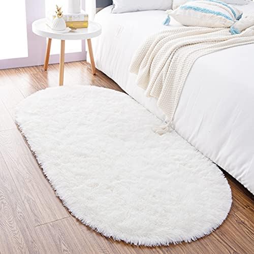 2.6x5.3 Cream White Fluffy Soft Oval Rug Non-Slip for Bedroom Dorm Hallway by ModernHomeDecor