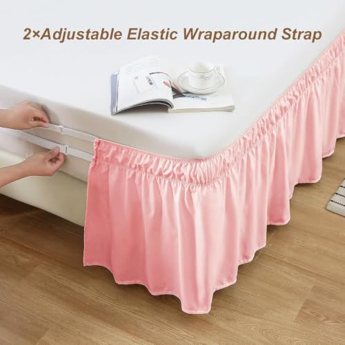 MEILA Wrap Around Bed Skirt Three Fabric Sides Elastic Dust Ruffled 12 Inch Tailored Drop,Easy to Install Fade Resistant-Pink, Queen/King - Image 3