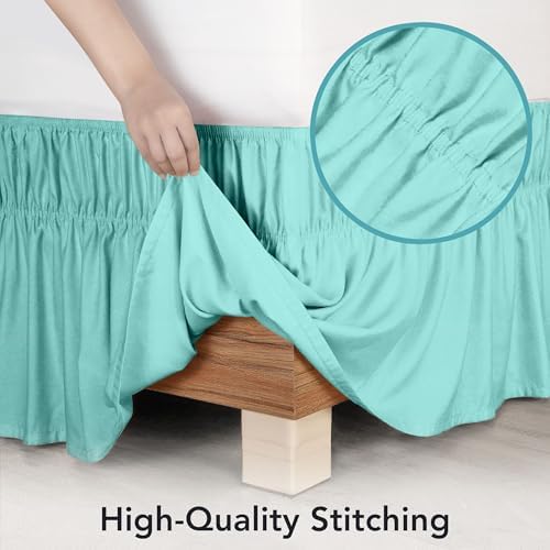Wrap Around Queen Bed Skirt, Easy Fit Elastic Belt, 16 Inch Drop, Spa Blue - Image 6