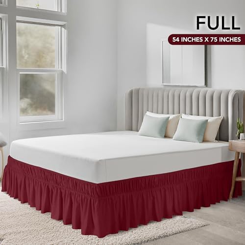 Wrap Around Full Bed Skirt, Easy Fit Elastic Belt, 16 Inch Drop, Burgundy - Image 2