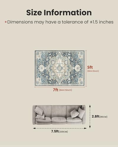 Amada 5x7 Washable Area Rug for Living Room, Blue/Yellow, Vintage Pattern - Image 2