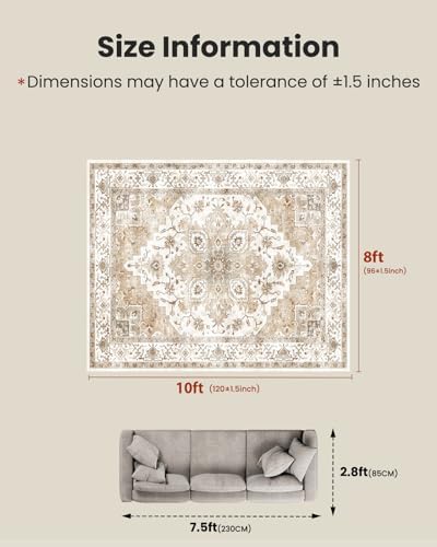 Amada Large 8x10 Washable Area Rug for Living Room, Beige,Vintage Pattern - Image 2